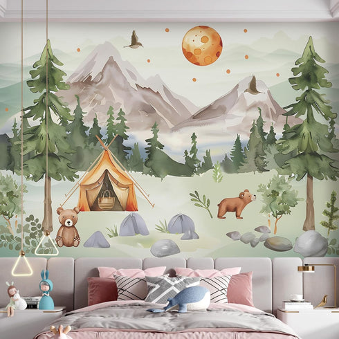 63x89.8inch 3D AM AMAONM Large Watercolor Mountain Landscape and Forest Pine Tree Wallpaper Peel and Stick Animals Wall