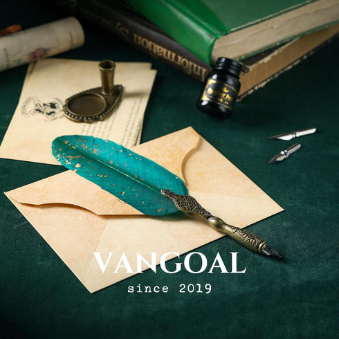 VANGOAL Vintage Green Feather Pen and Ink Set, Classic Goose Quill Pen with Carving Stand, Antique Writing Gift