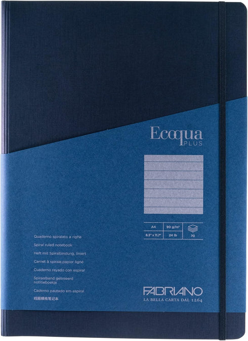 Fabriano Ecoqua Plus Hidden Spiral-Bound Notebook, 8.3" x 11.7", A4, Lined, Navy by Fabriano