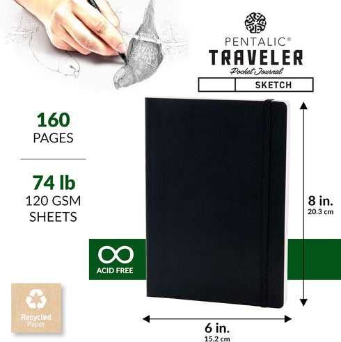 Pentalic Traveler Midnight Sketch Journal, Black Paper, 160 Pages, 6" x 8"