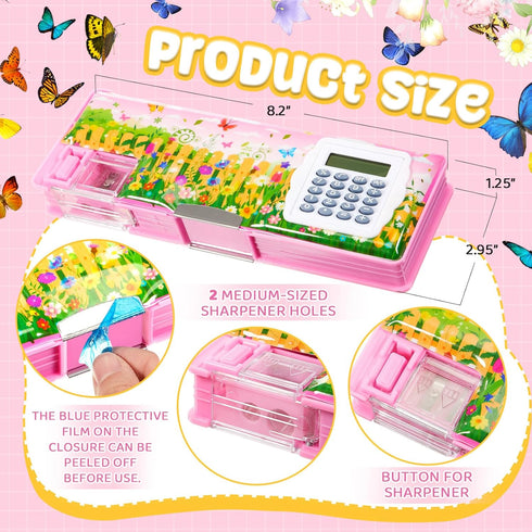 Henoyso Pencil Box Pencil Case with Calculator and Pencil Sharpener Multifunction Pencil Case Cool School Supplies Back to School Gift Birthday Present for Kids Teens (Flower)