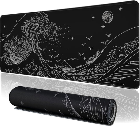 Black Gaming Laptop Mouse Pad, Sea Wave Big Mice Pads, Waterproof Non-Slip 31.5 x 11.8 inches, Kanagawa Surfing Mouse
