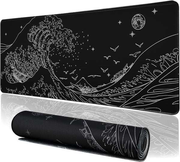 Black Gaming Laptop Mouse Pad, Sea Wave Big Mice Pads, Waterproof Non-Slip 31.5 x 11.8 inches, Kanagawa Surfing Mouse