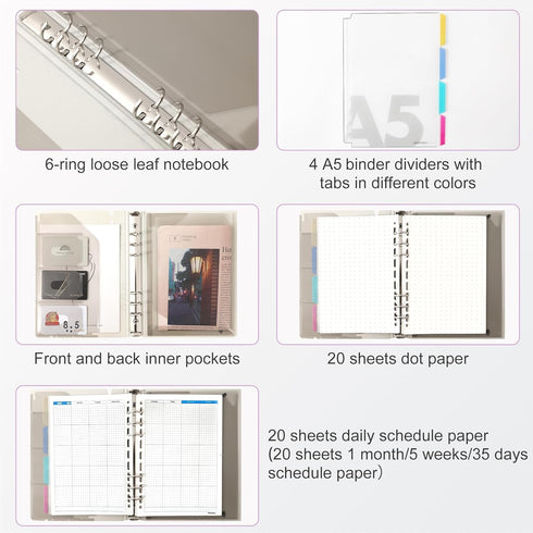 CAGIE A5 6 Ring Binder Notebook with Pockets, Refillable Planner, Dividers, A5 Refill Paper, Purple, 7 x 9.25 in