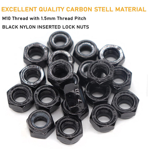 binifiMux 10Pcs M10 x 1.5mm Black Hex Nylon Insert Self Lock Nuts, Zinc Plated Carbon Steel