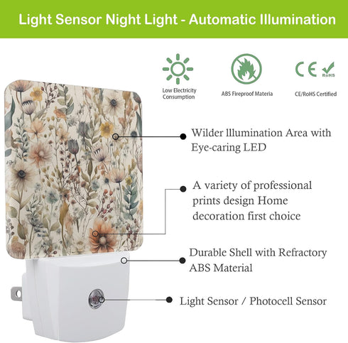 AOWULA Boho Watercolor Floral Night Light, Dusk to Dawn Sensor Night Lights for Bedroom Bathroom Kitchen Hallway Stairs