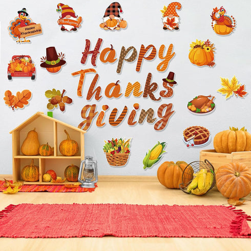 Happy Thanksgiving Classroom Bulletin Board Cutout, Fall Pumpkin Gnome Turkey Decorations for Autumn Harvest School