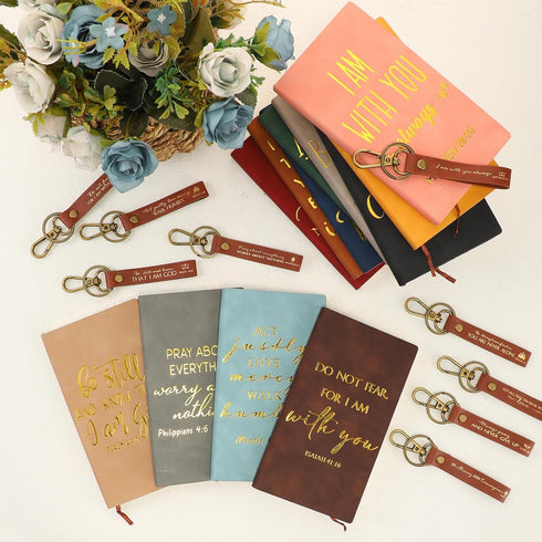 Qilery 24 Pcs Christian Gifts Bulk, 12 Bible Verse Prayer Journals, 12 Leather Keychains, Religious Notebooks for Clergy
