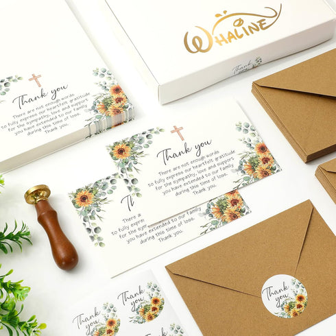 50 Whaline Pcs Funeral Thank You Card Sunflower Eucalyptus Sympathy Thank You Card with Sticker Envelope Greenery