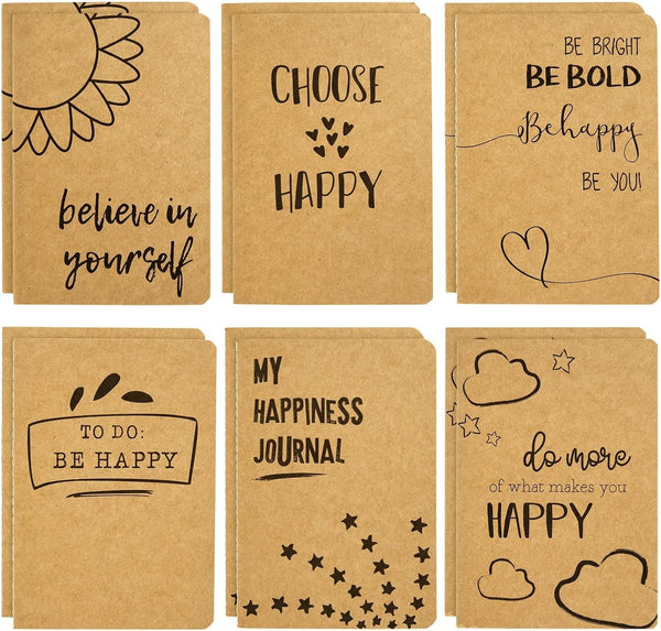 Paper Junkie 12 Pack Journals for Kids: Let's Be Happy Journals Bulk, Kraft Paper Notebooks, 80 Lined Pages