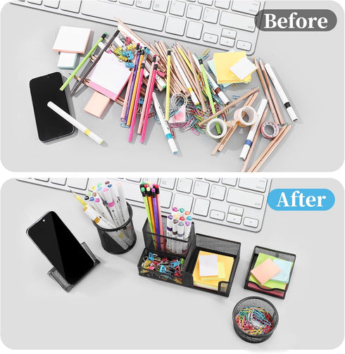 Mesh Pen Holder for Desk, 5 Pieces Desk Organizer Office Supplies Caddy with Sticky Notes Holder for Home, School, Black