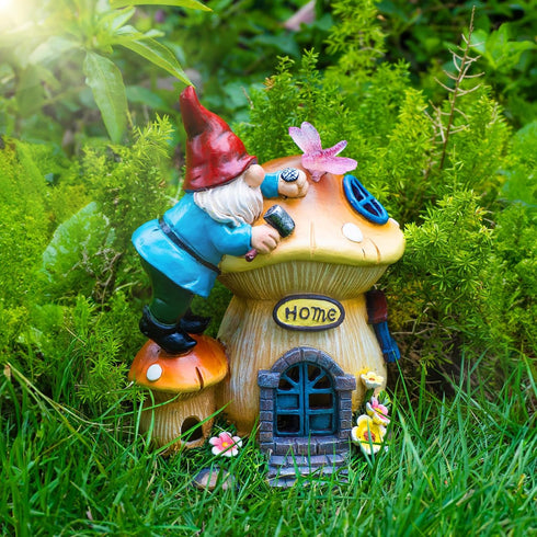 Garden Gnome Statues Figurine Lights - Solar Powered Lighting Outdoor Decorations, Gnome Build Mushroom Fairy House