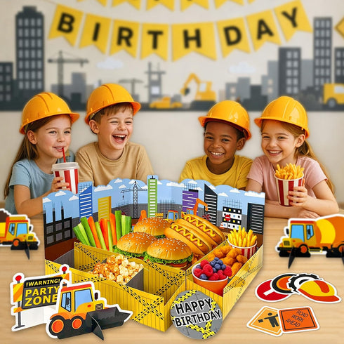 13 Set HonuGoGo Construction Snack Tray Centerpiece Kit Pieces Paper Food Display with Construction Theme Cutouts