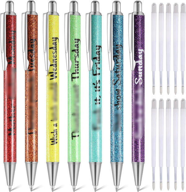 Sherr 7 Pcs Christmas Weekday Pens, Glitter Funny Ballpoint Pens with 10 Black Ink Refills, Rainbow Week Gifts