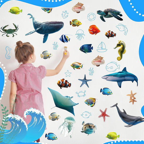Fulmoon 62 Pcs Realistic Sea Ocean Animal Bulletin Board Decor, Sharks, Whales, Turtles Cutouts for Classroom