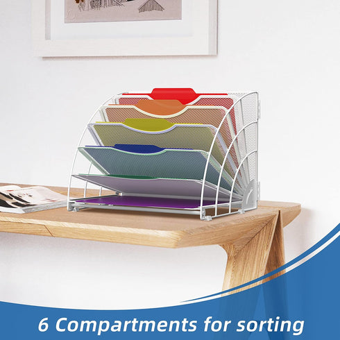 SUPEASY Fan Shaped Desk File Organizer, White, 6 Compartments for Filing Paper, Desk Accessories, School, Office