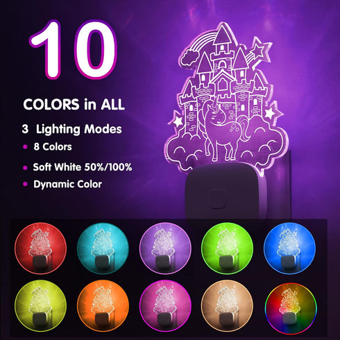 8-Color 1 Pack L LOHAS LED Night Lights for Kids, Acrylic Carved Castle Design, Changing, Dusk to Dawn Sensor, Plug