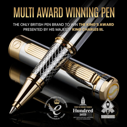 Scriveiner Silver Chrome Rollerball Pen - Luxury Pen with Real Gold Plating, Best Gift Set