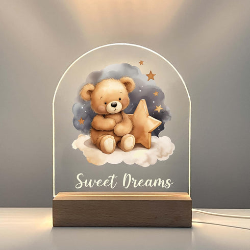 Teddy Bear Frame Night Light Up Table Wood Base LED Desk Stand Plaque Nursery Decor Sweet Dreams Night Light Kids Baby