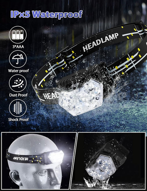 2000 Lumen 9 LED Headlamp, Ultra Bright with 6 Modes, Lightweight Adjustable Strap, IPX5 Waterproof for Camping