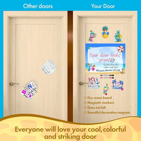 Cruise Door Decorations Magnetic Set - Large 11x13 Inch Dry Erase Board with 6 Fun Magnets, 2 Markers, Eraser