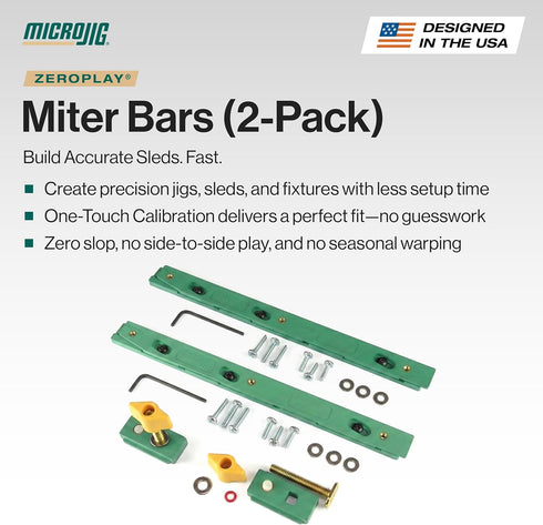 (ZP750-B2S2), 2-Pack Microjig Zeroplay Miter Bar for Table Saw Sled Accessories and Woodworking Tools