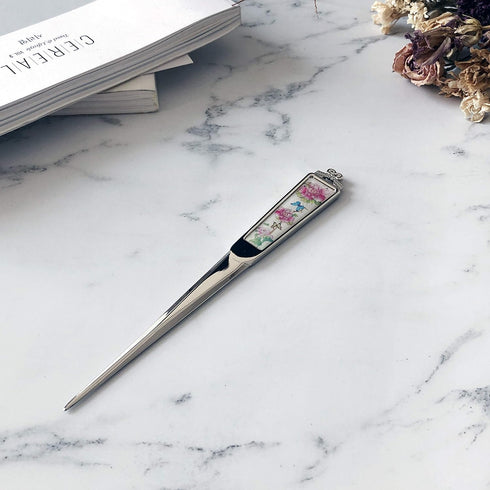 Decorative Envelope Paper Letter Opener with Antique Design, Silver Steel Office Knife, Peony