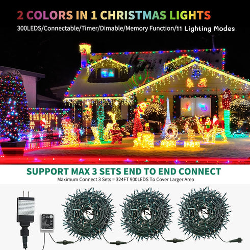 MZD8391 108FT 300 Color Changing Christmas String Lights Outdoor Indoor, LED Warm White Multi Color Fairy Light, END