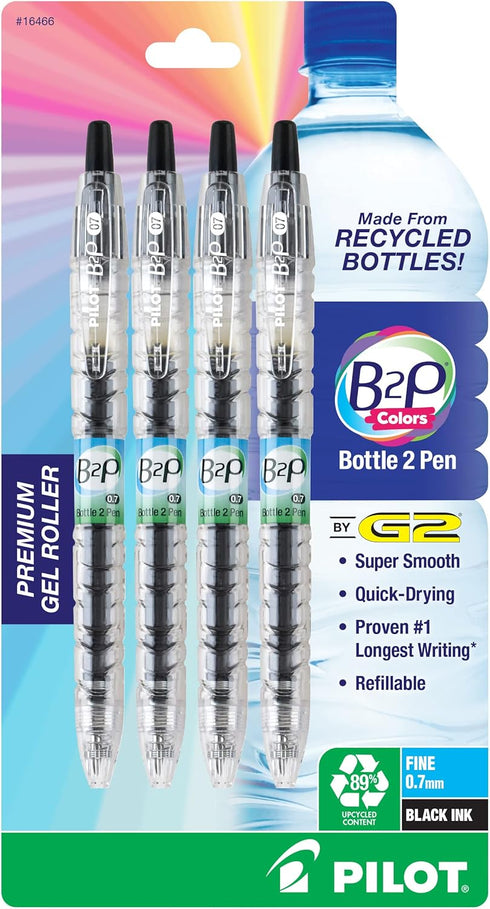 Pilot B2P Bottle 2 Pen, Refillable & Retractable Gel Roller Pen, Made from Recycled Bottles, 4-Pack, Black