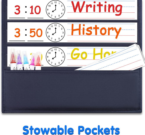 Daily Schedule Pocket Chart with 13+1 Pockets, 18 Dry Eraser Cards, Over Door Mountings for Classroom, Office (Black)