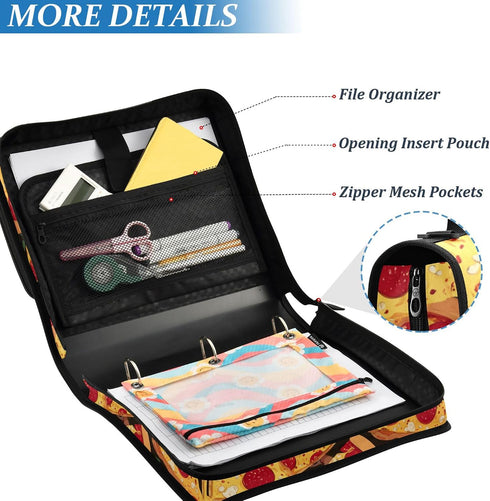 Fisyme 3 Vintage Sausage Pizza Zipper Binder Ring with Zipper and Shoulder Strap Large Capacity Multi-Pocket Binder