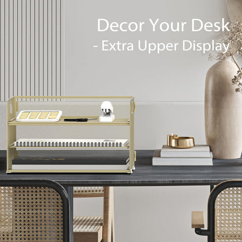 SUPEASY 3 Tier Paper Organizer with Handle - Mesh Desk Letter Tray for A10 File Folder, Golden Yellow