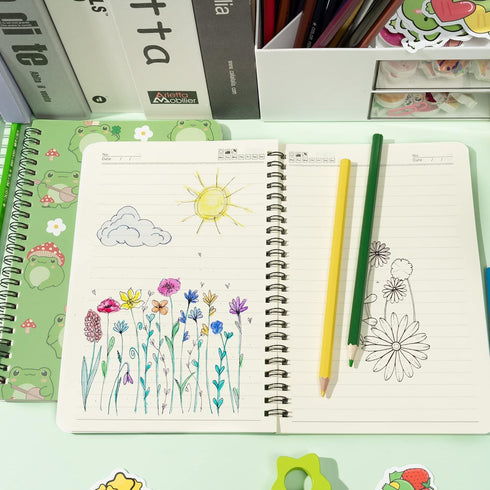 L1rabe 2 A5 Frog Spiral Notebooks, Cute Frog Playing Banjo, College Ruled Hardbound Notebooks for Kids Teens Christmas