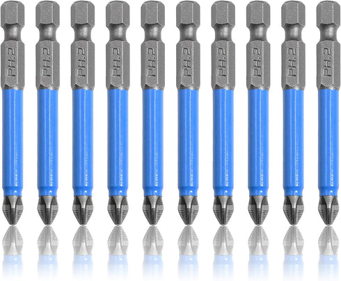 10 Pcs Magnetic Phillips Screwdriver Bit Set, 2.56 Inch Long PH2 Non-Slip Electric Screwdriver Bits with 1/4" Hex