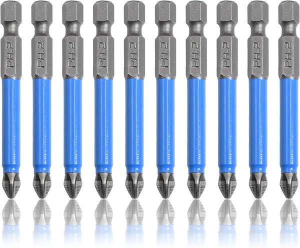 10 Pcs Magnetic Phillips Screwdriver Bit Set, 2.56 Inch Long PH2 Non-Slip Electric Screwdriver Bits with 1/4" Hex
