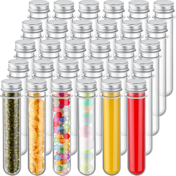 50 Pcs 40 ml Plastic Test Tubes with Screw Lids for Sample Powder Seed Bead Storage (Silver)
