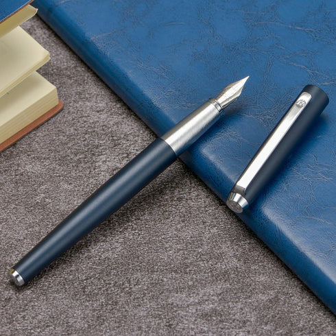 HongDian 525 Dark Blue Fountain Pen, Extra Fine Nib Classic Pen with Metal Case and Refillable Converter