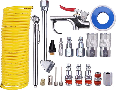 WYNNsky 1/4 Inch NPT Air Tool Kit, 20 Pieces with 1/4 Inch x 25Ft Coil Nylon Hose/Tire Gauge