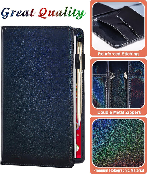 2 Black Glitter Server Books For Waitress/Waiter Book with Zipper Money Pockets,Cute Waitress Books Organizer