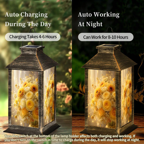 RAINFALLARING Solar Lantern Elegant Yellow White Rose Bouquet Sunflowers Glitter Accents Outdoor Waterproof Hanging
