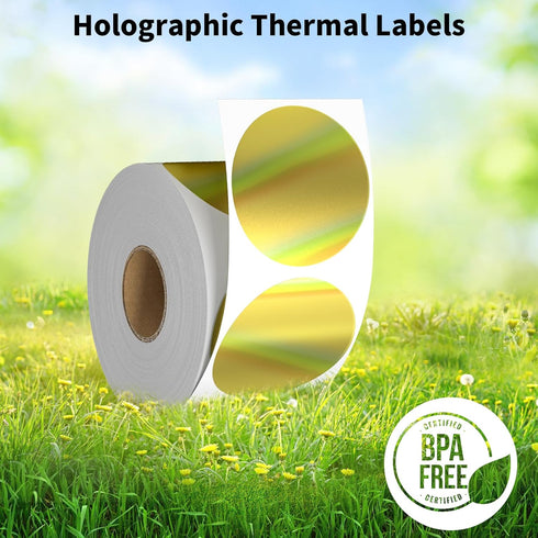 Holographic Thermal Labels Gold 400Pcs/Roll - 2” Round Self Adhesive Thermal Printer Label Stickers for Business Logo