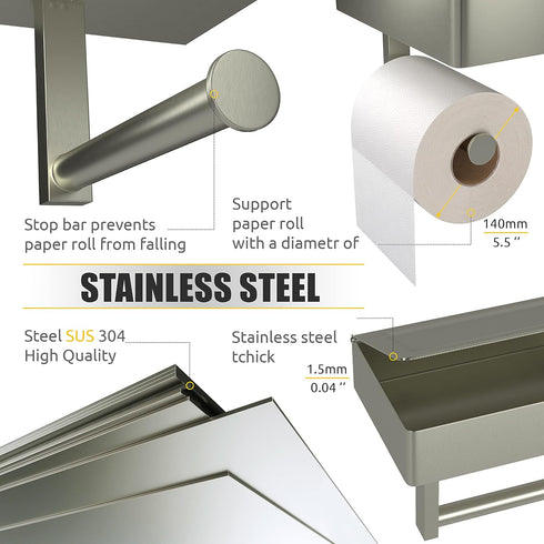 SUS304 Brushed Nickel Toilet Paper Holder Wall Mounted with Shelf & Wipes Storage Stainless Steel Modern Toilet Tissue