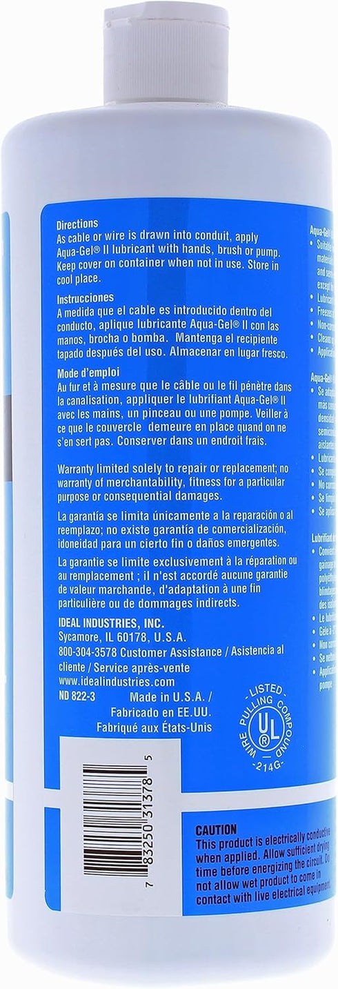31-378 1-Quart 32 Oz (Pack 2) Ideal Electrical Aqua-Gel II Electrical Pulling Lubricant - Squeeze Bottle, Blue, Fl