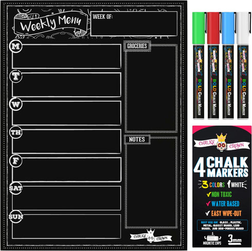 Magnetic Dry Erase Menu Board for Fridge, Includes 4 Liquid Chalk Markers, Weekly Meal Planner Blackboard