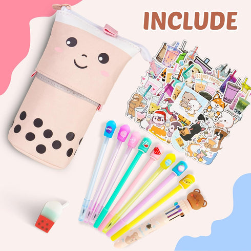 Primo Lines Kawaii Pencil Case and Complete 61 PCS Pink Stationary Set with Cute Boba Case, Pens, Stickers