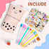 Primo Lines Kawaii Pencil Case and Complete 61 PCS Pink Stationary Set with Cute Boba Case, Pens, Stickers