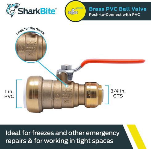 SharkBite 1 Inch PVC x 3/4 Inch CTS Ball Valve - Push to Connect Brass Plumbing Fitting