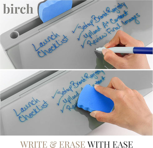 Birch Desktop Whiteboard (Charcoal) with Storage & Multiple Markers, Glass Dry Erase Board for Desk Top