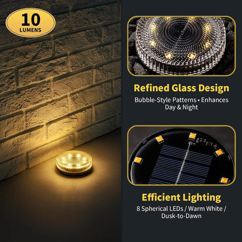 (2 Pack) Glass Solar Pathway Lights with Bubble Style, Modular-Design Waterproof In-Ground Light for Patio Pathway Lawn