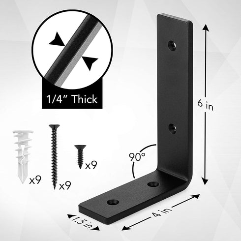 Inch (1/4') 4-PK (6' 4') Claimed Corner Premium Heavy-Duty Shelf Brackets - Quarter Thick - Rustic Industrial Modern